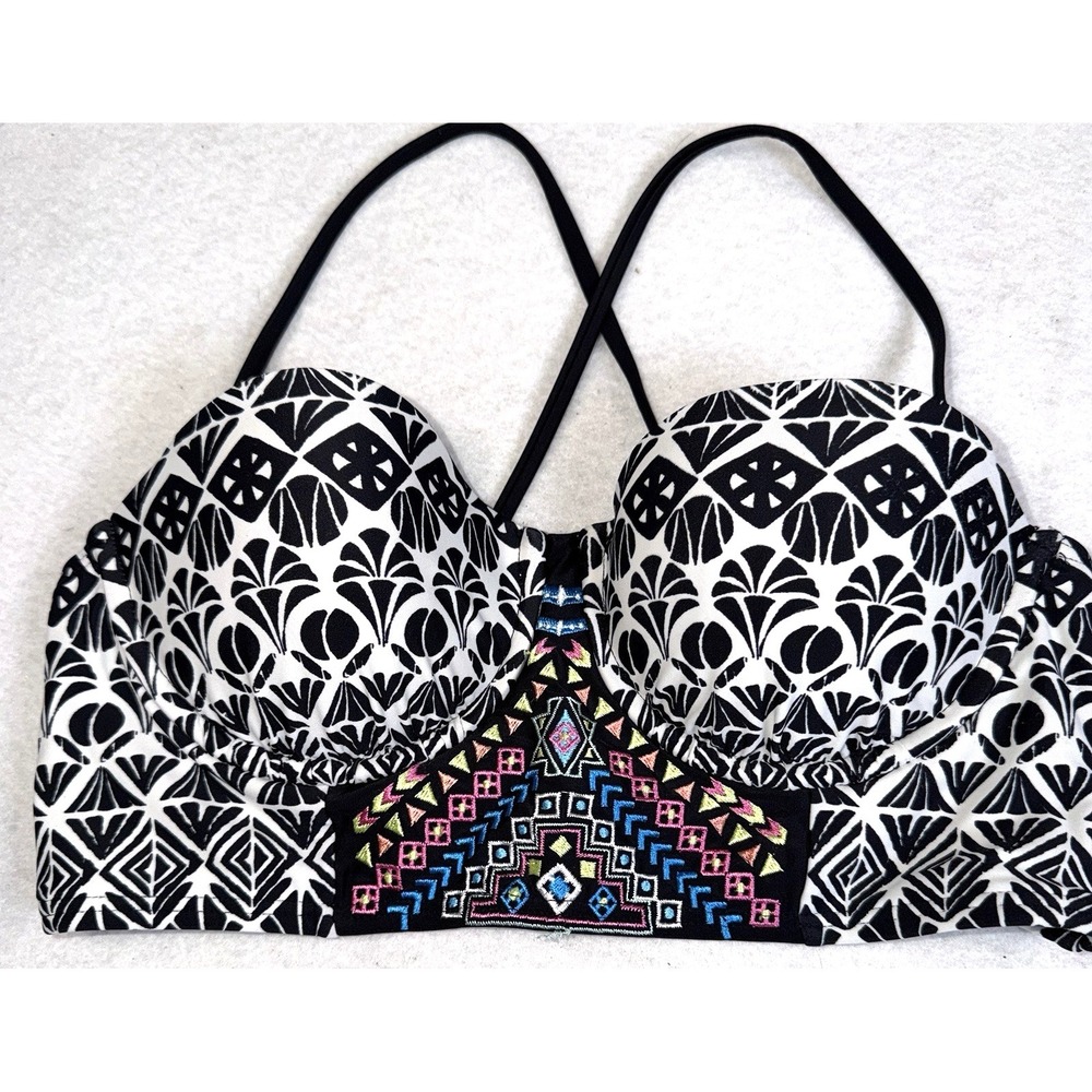 Bikinination Top Large Black‎ White Geometric Embroidered Push Up Swim Top